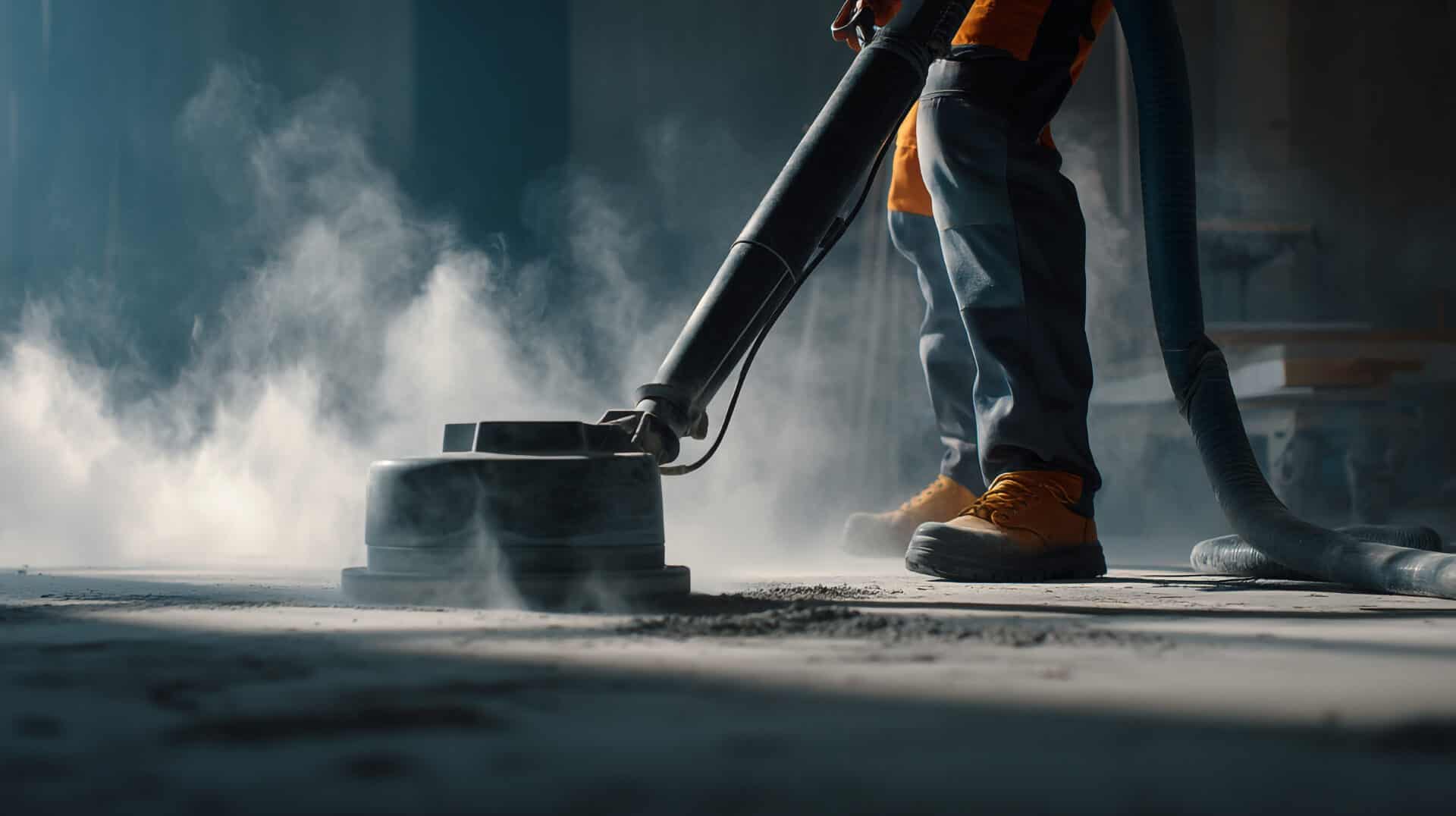 A person wearing protective gear uses an industrial vacuum cleaner on a dusty floor in a dark room