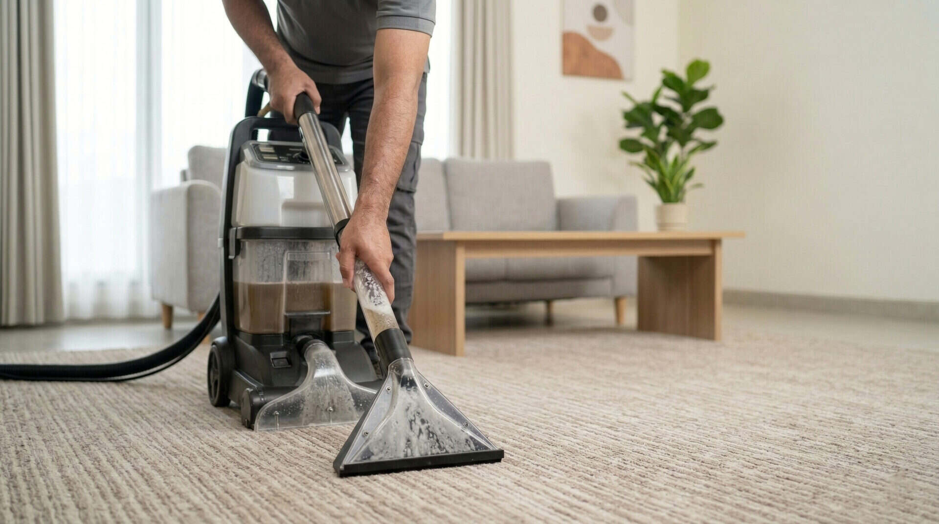 Faceless man deep cleaning carpet with washing machine in bright living room